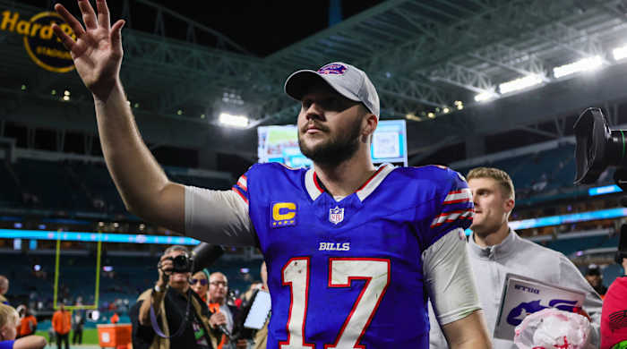Buffalo Bills quarterback Josh Allen reacts after the game against the Miami Dolphins at Hard Rock Stadium.